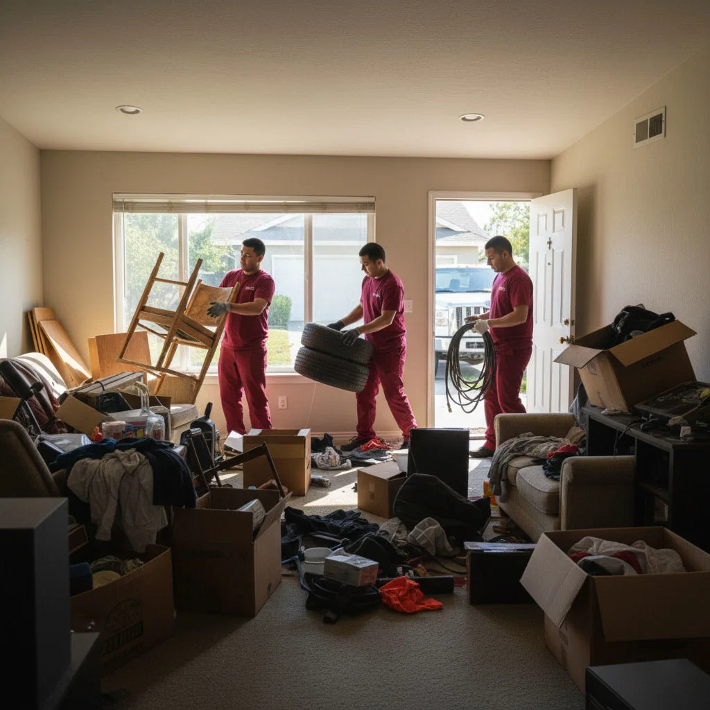 Three movers in red uniforms provide a professional junk removal service, clearing cluttered furniture and boxes from a messy living room with open doors.