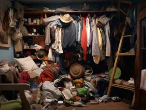 A cluttered closet overflowing with clothes, hats, boxes, and various household items scattered on the floor calls for expert hoarder cleanup to restore order and peace of mind.