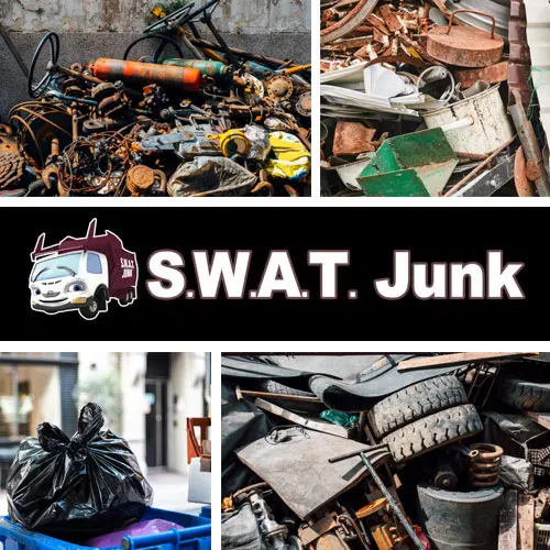 Collage of assorted junk, appliance removal, and trash piles with a logo reading "S.W.A.T. Junk" in the center, showcasing professional debris removal and hauling service.